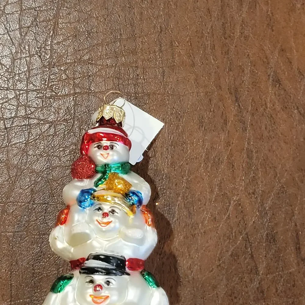 Vintage Snowman Stack Totem Pole Blown Glass Christmas Ornament Made in Poland